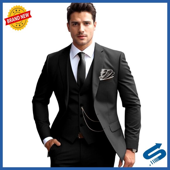Slim Fit 3-Piece Suit Set with Tie Polyester Blend Adjustable Waistband